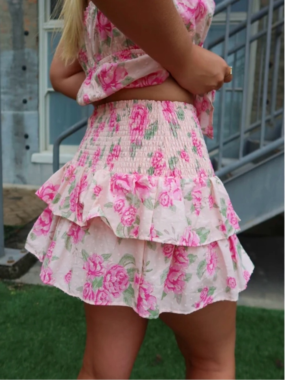 Olivaceous Bria Rosy Cascade, Pink Floral Tiered Skirt